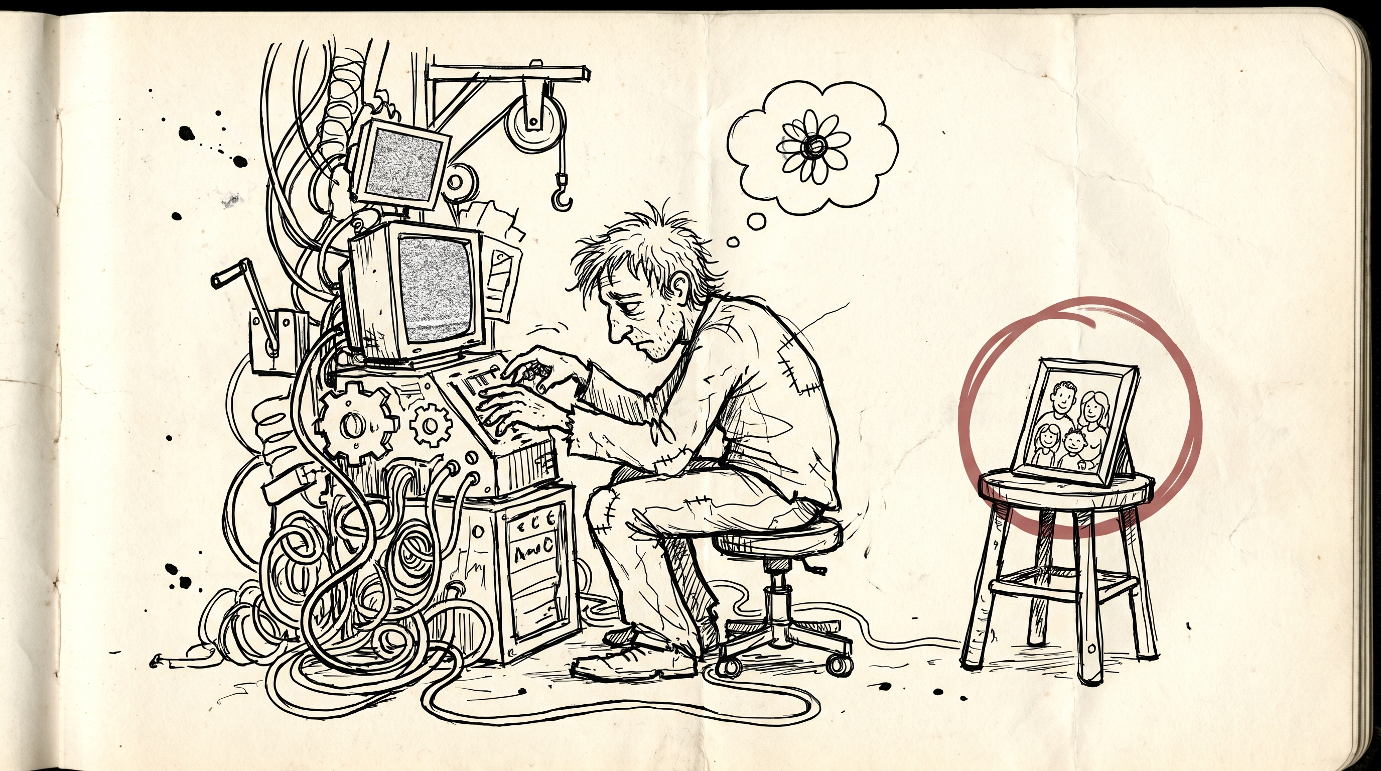 Ilustracao hand-drawn: pessoa exausta operando um teclado ligado a uma maquina enorme e complicada de telas, engrenagens e fios, sonhando com uma flor, enquanto ao lado um quadro com a mesma flor ja pronto esta destacado num circulo vermelho, ignorado.